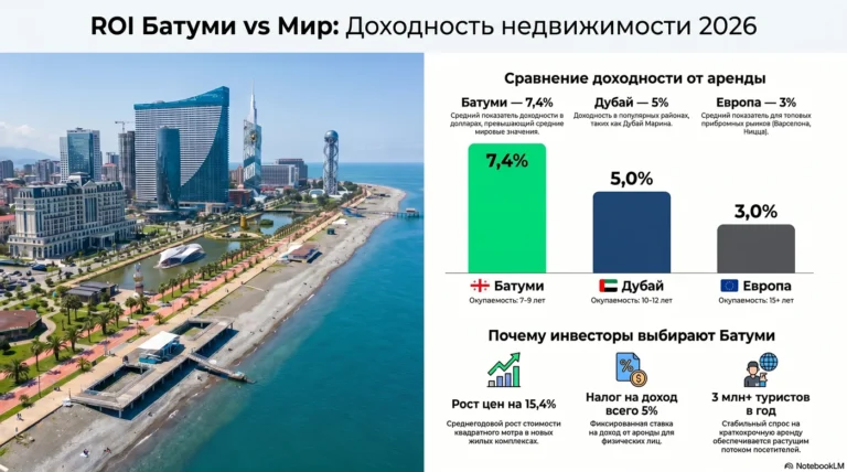 Сравнение доходности от аренды в Батуми 7.4% против Дубая 5% и Европы 3%