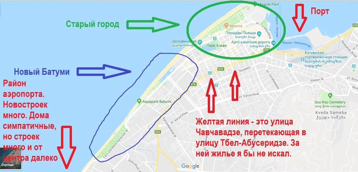 Карта районов Батуми: Старый город, Новый бульвар, побережье и границы поиска жилья